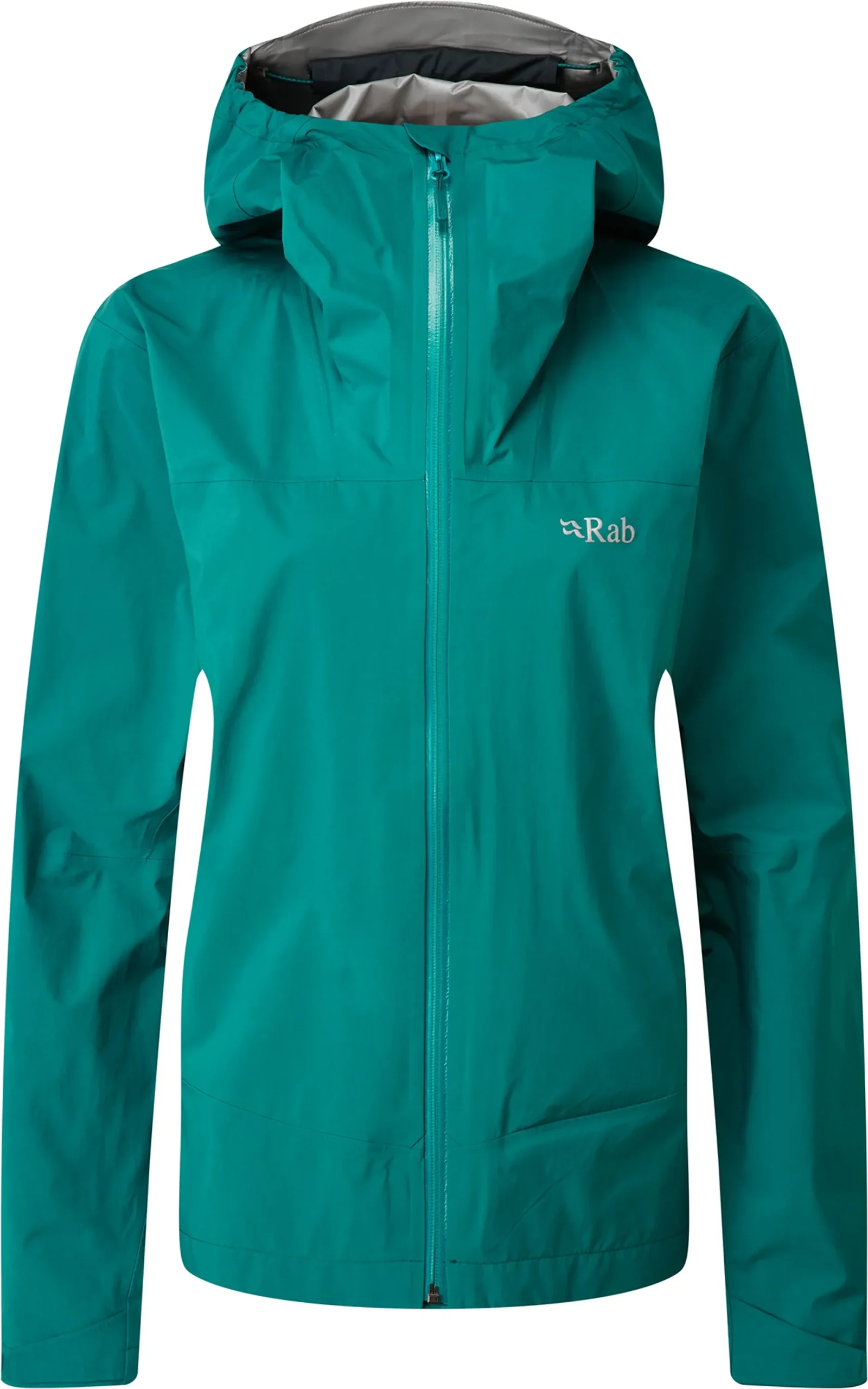 Chaqueta Rab Meridian GTX mujer color Atlantis impermeable con Gore‑Tex Paclite vista frontal fondo blanco
